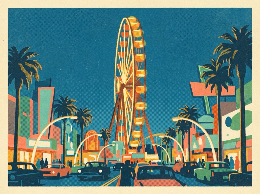 Retro postcard of a tall observation wheel over an entertainment boulevard