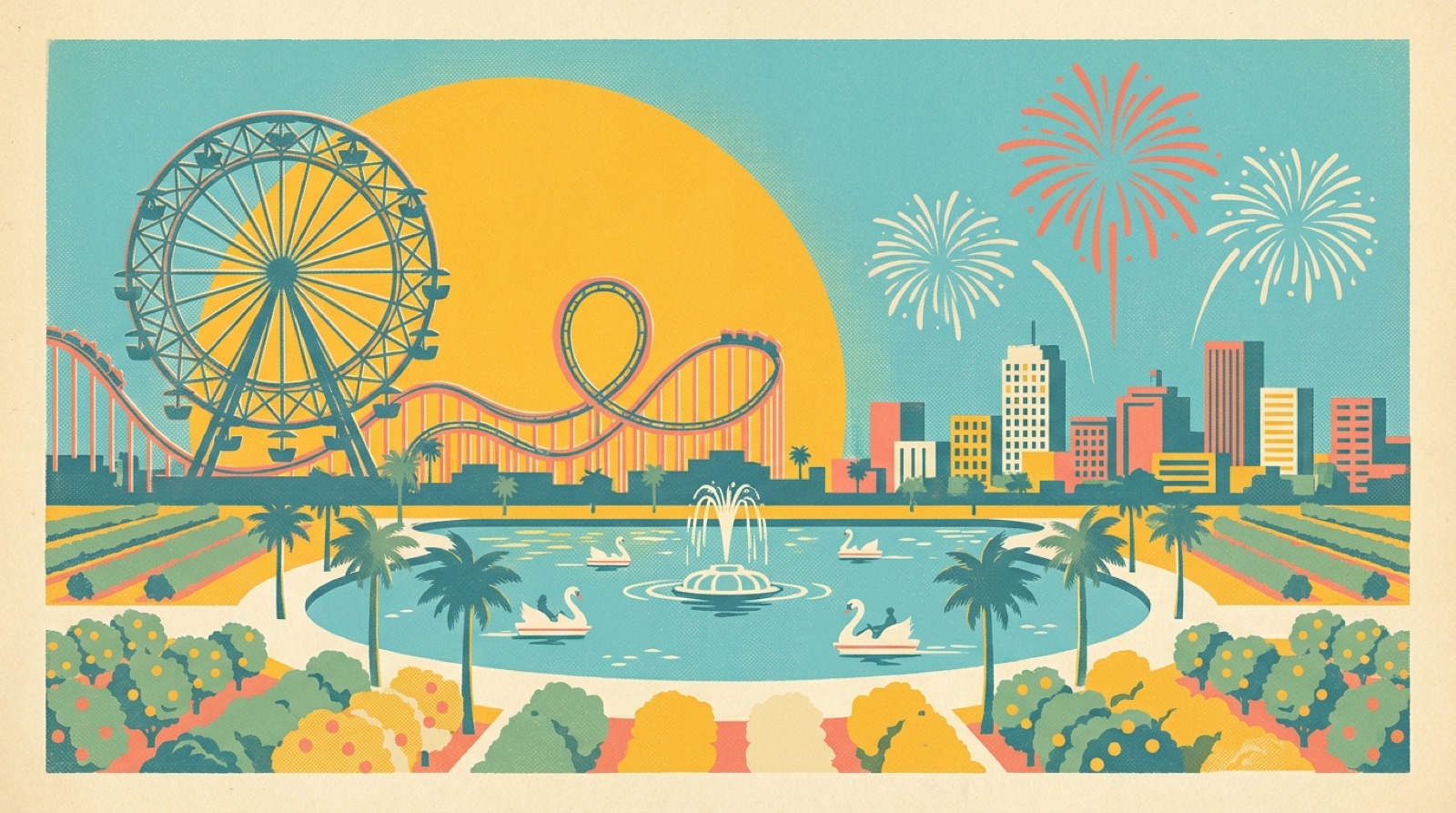 Retro postcard of the Orlando skyline and theme-park spires under a bright Central Florida sky with royal palms